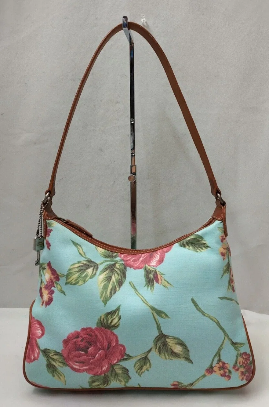 Fossil Multicolr Canvas Leather Trim Floral Zipper Closure Hobo Shoulder Bag